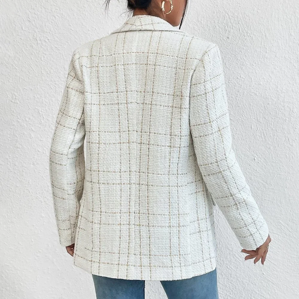 White Casual Womens Houndstooth Print Open Front Blazer - Picture 2 of 5
